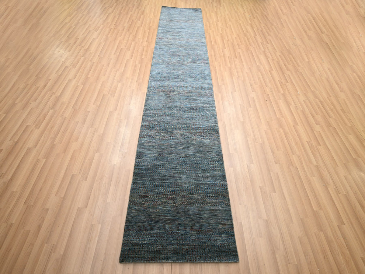 Modern / Contemporary hand-knotted wool/silk runner in Blue, 2'7" x 12'2" — SKU O083221 (view 2)