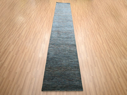 Blue 2'7" x 12'2" Modern and Contemporary Hand knotted Wool/Silk Rug - Sku: O083221