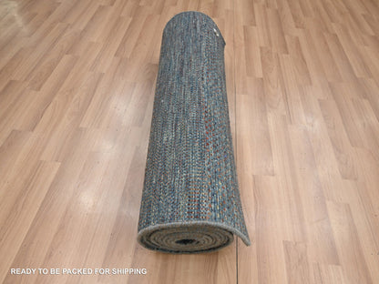 Blue 2'7" x 12'2" Modern and Contemporary Hand knotted Wool/Silk Rug - Sku: O083221