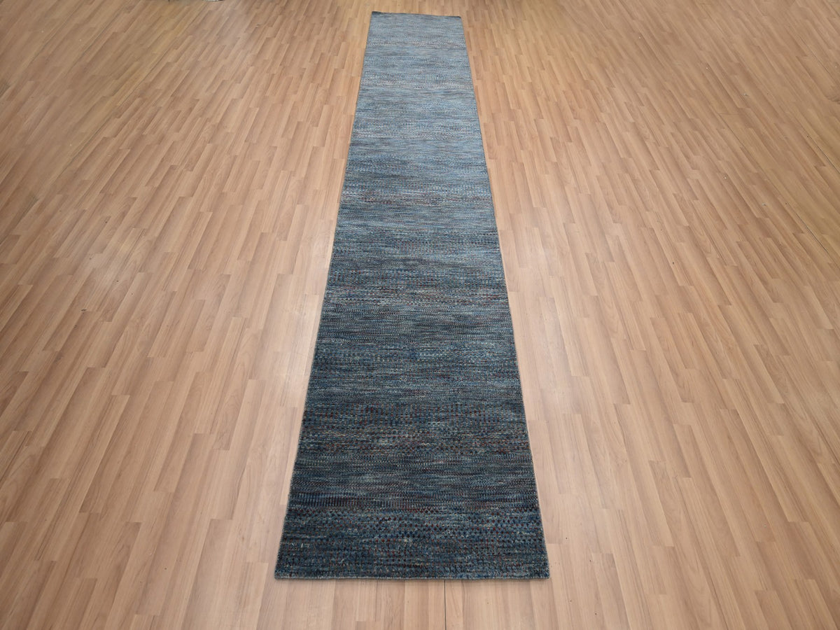 Modern / Contemporary hand-knotted wool/silk runner in Blue, 2'7" x 12'3" — SKU O083223 (view 2)