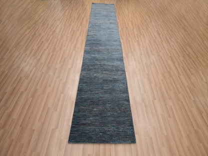 Blue 2'7" x 12'3" Modern and Contemporary Hand knotted Wool/Silk Rug - Sku: O083223