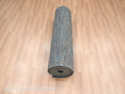 Blue 2'7" x 12'3" Modern and Contemporary Hand knotted Wool/Silk Rug - Sku: O083223