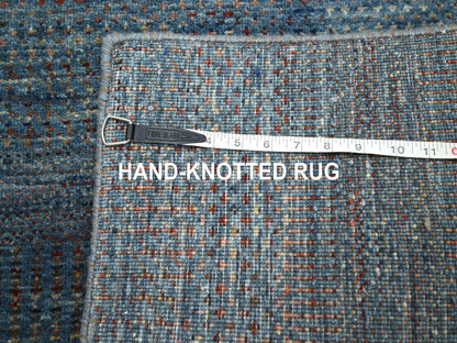 Blue 2'7" x 12'3" Modern and Contemporary Hand knotted Wool/Silk Rug - Sku: O083223