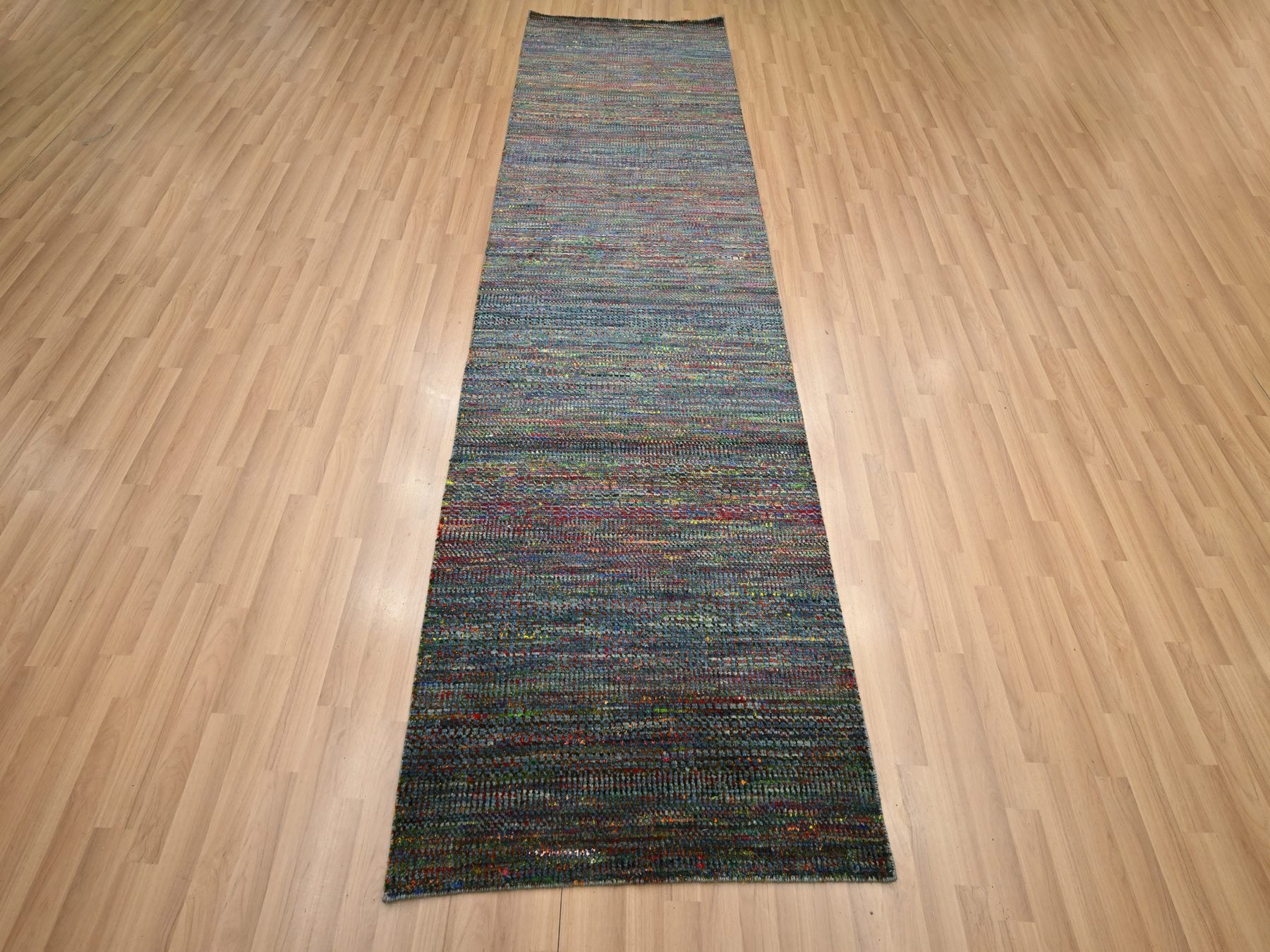 Blue 3'0" x 10'2" Modern / Contemporary Hand knotted Wool Rug - Sku: O083244