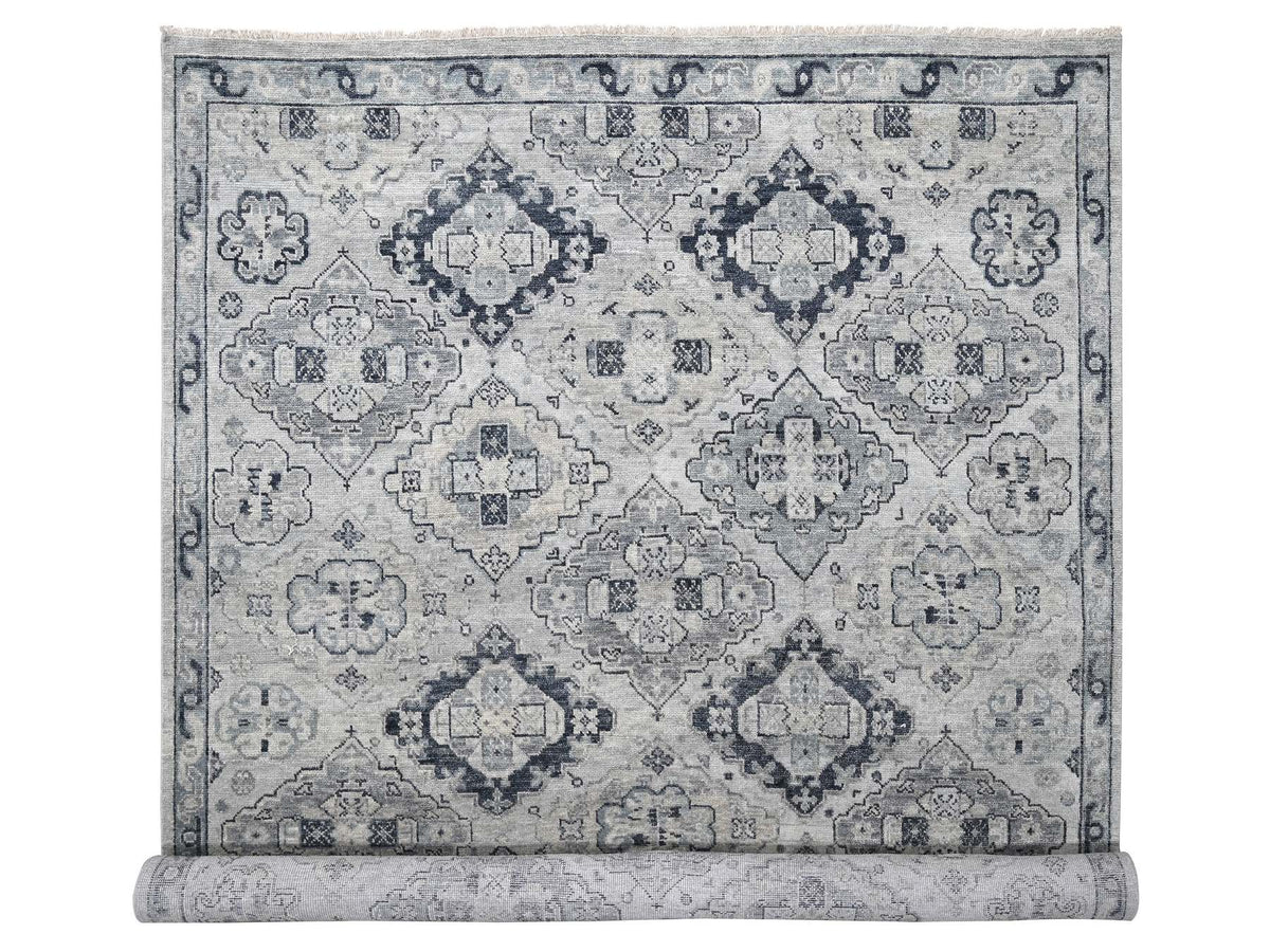 Tribal & Geometric hand-knotted wool rug in Gray & Silver Gray, 11'9" x 14'8" — SKU O084022