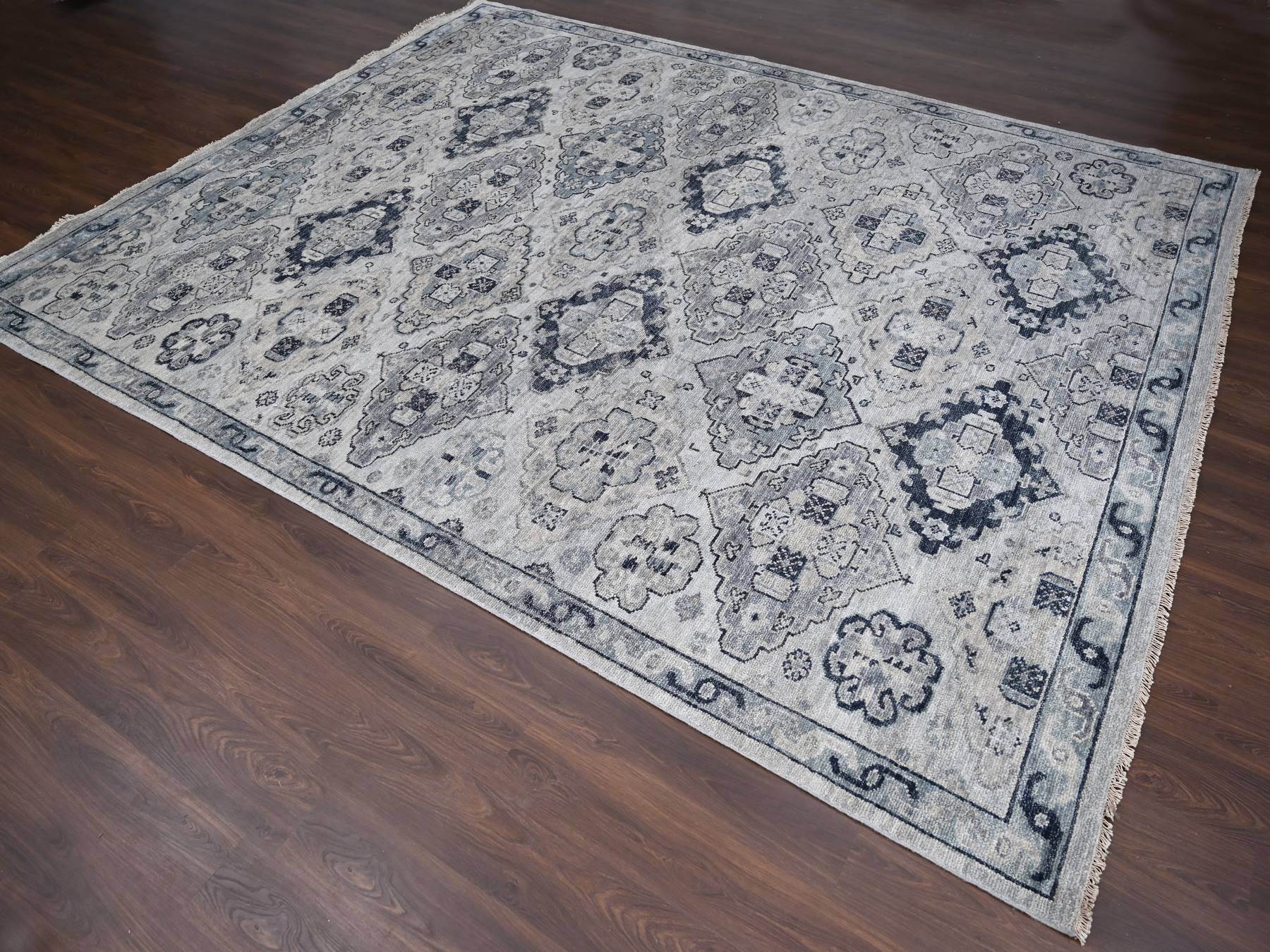 Tribal & Geometric hand-knotted wool rug in Gray & Silver Gray, 11'9" x 14'8" — SKU O084022 (view 3)