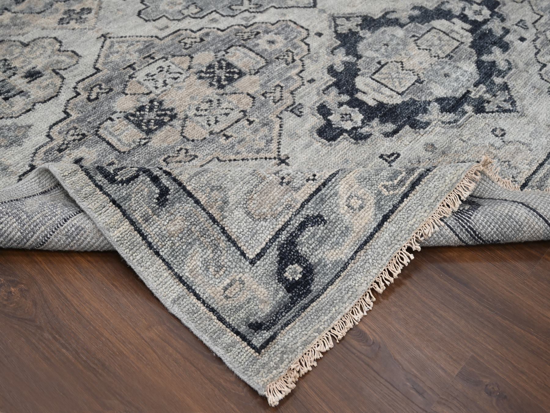 Tribal & Geometric hand-knotted wool rug in Gray & Silver Gray, 11'9" x 14'8" — SKU O084022 (view 6)