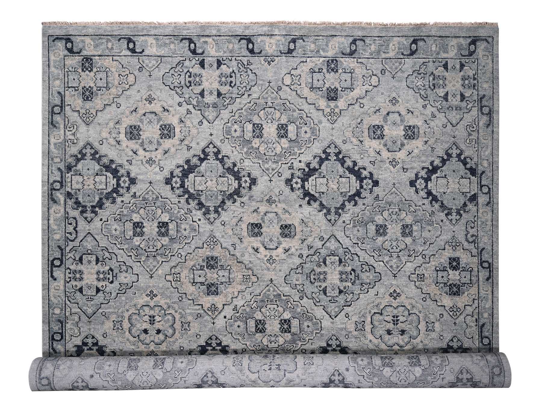 Tribal & Geometric hand-knotted wool rug in Gray & Silver Gray, 13'9" x 17'9" — SKU O084024