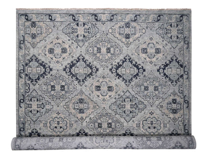 Tribal & Geometric hand-knotted wool rug in Gray & Silver Gray, 13'9" x 17'9" — SKU O084024