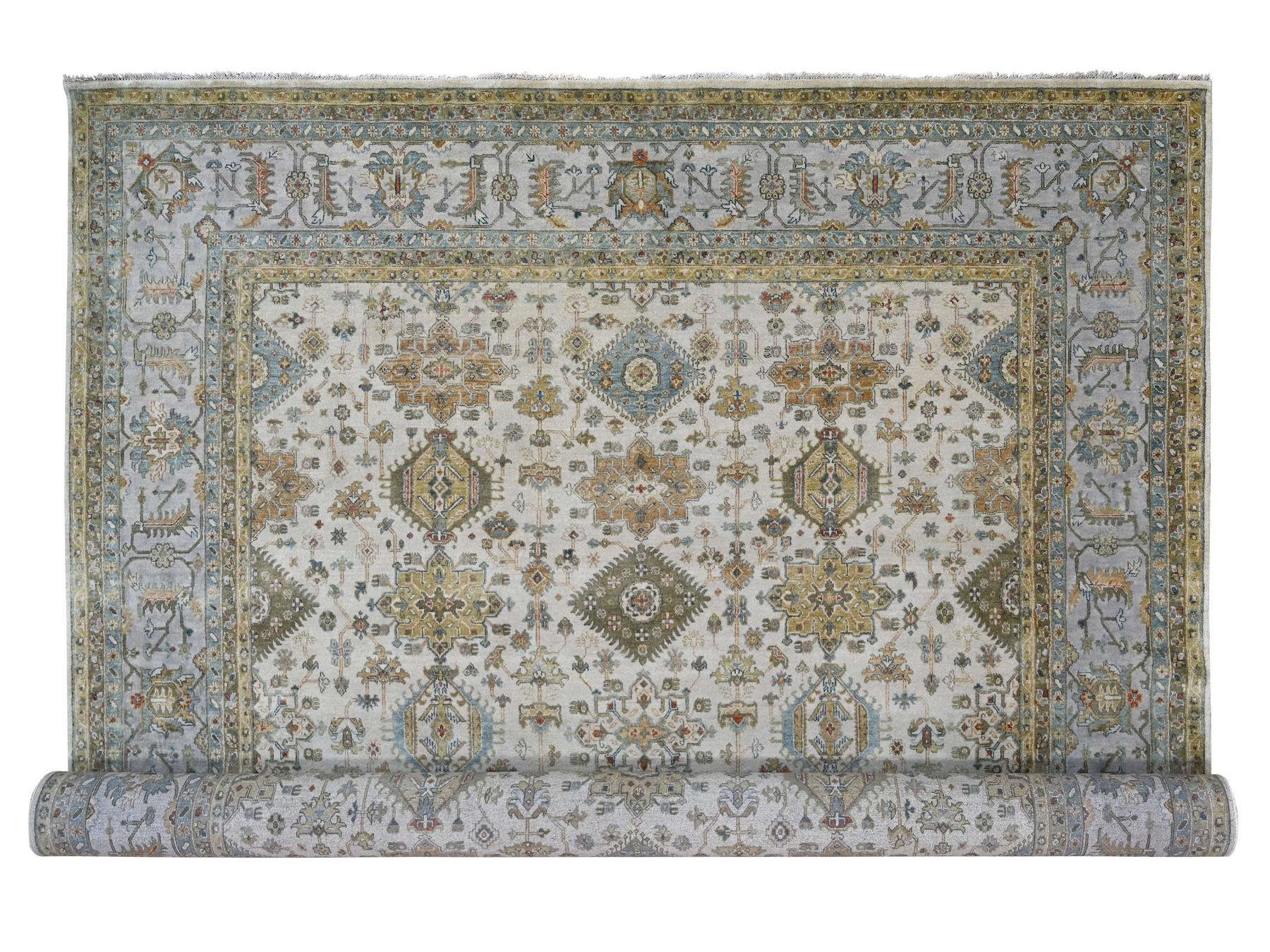 Tribal Heriz hand-knotted wool rug in Ivory & Light gray, 11'10" x 17'10" — SKU O084117
