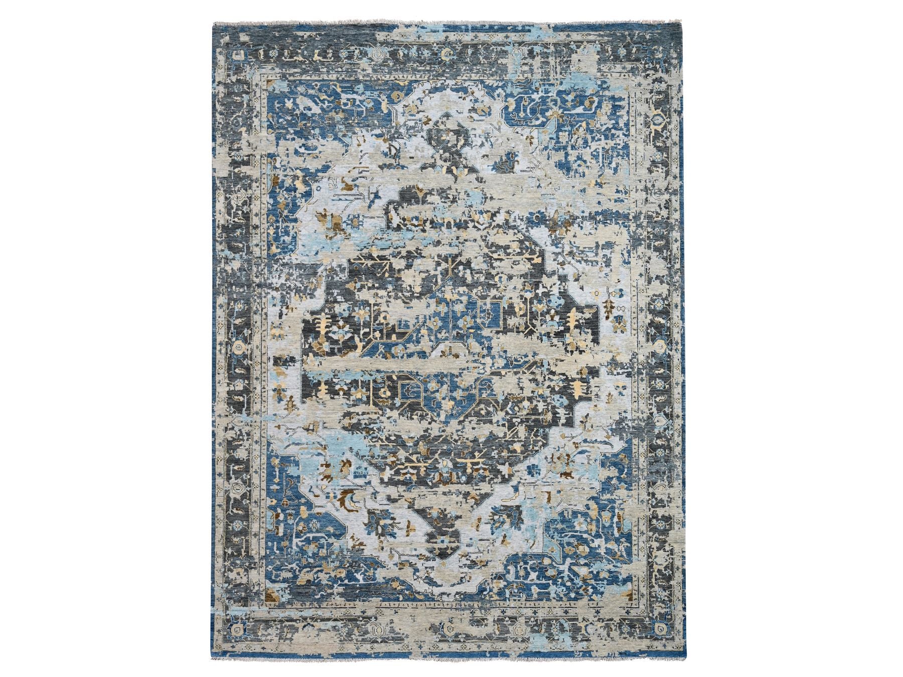 Transitional hand-knotted wool rug in Blue & Charcoal Black, 8'10" x 11'10" — SKU O084128