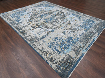 Blue 8'10" x 11'10" Transitional Hand knotted Wool Rug - Sku: O084128