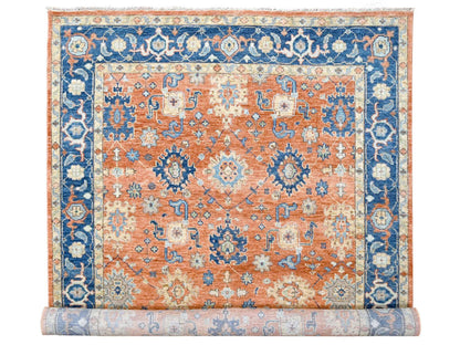 Mahal Oushak hand-knotted wool rug in Orange & Denim Blue, 9'10" x 14' — SKU O084371