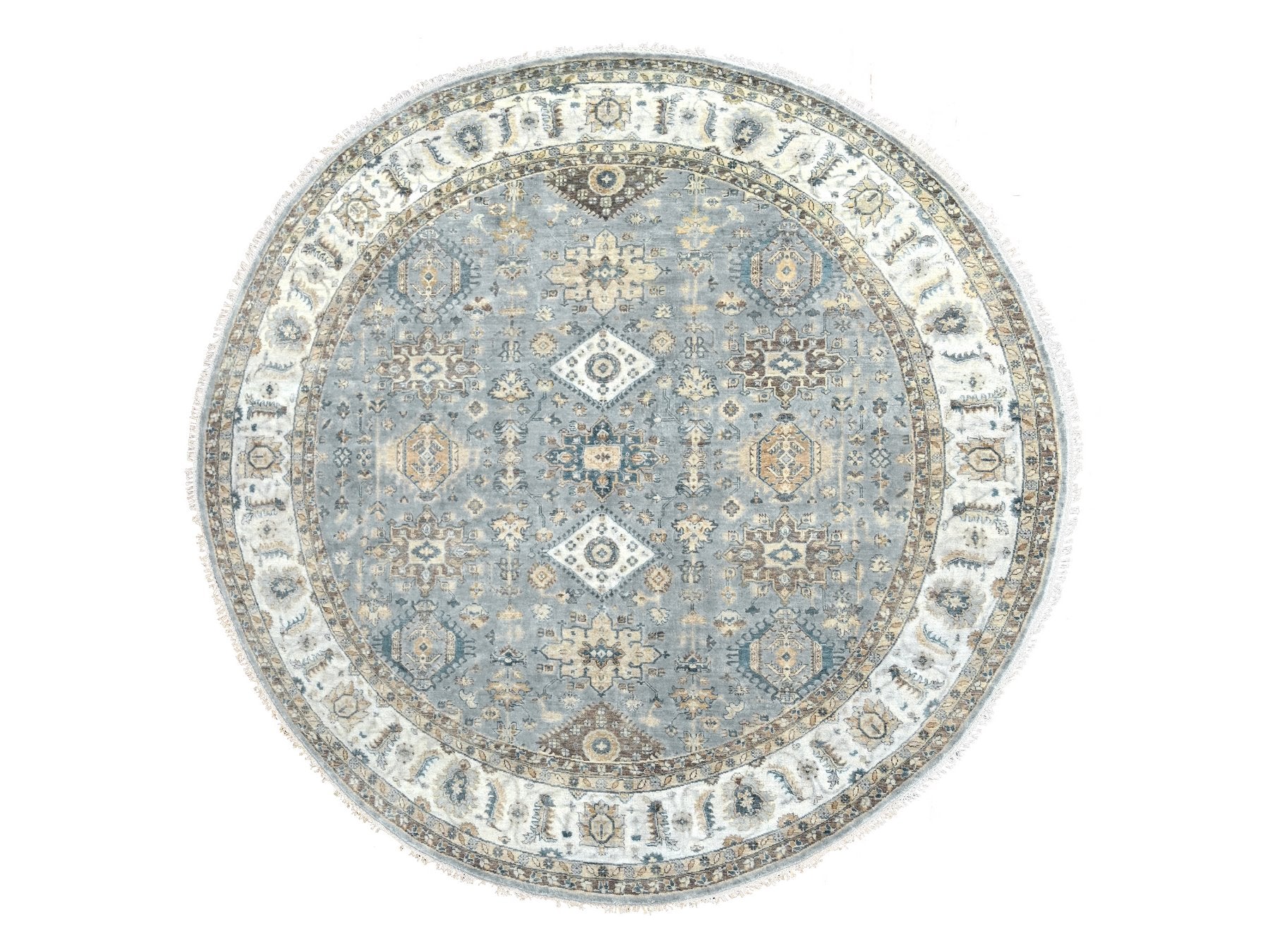 Heriz hand-knotted wool rug in Gray & Pearl White, 8'10" x 9' — SKU O084415
