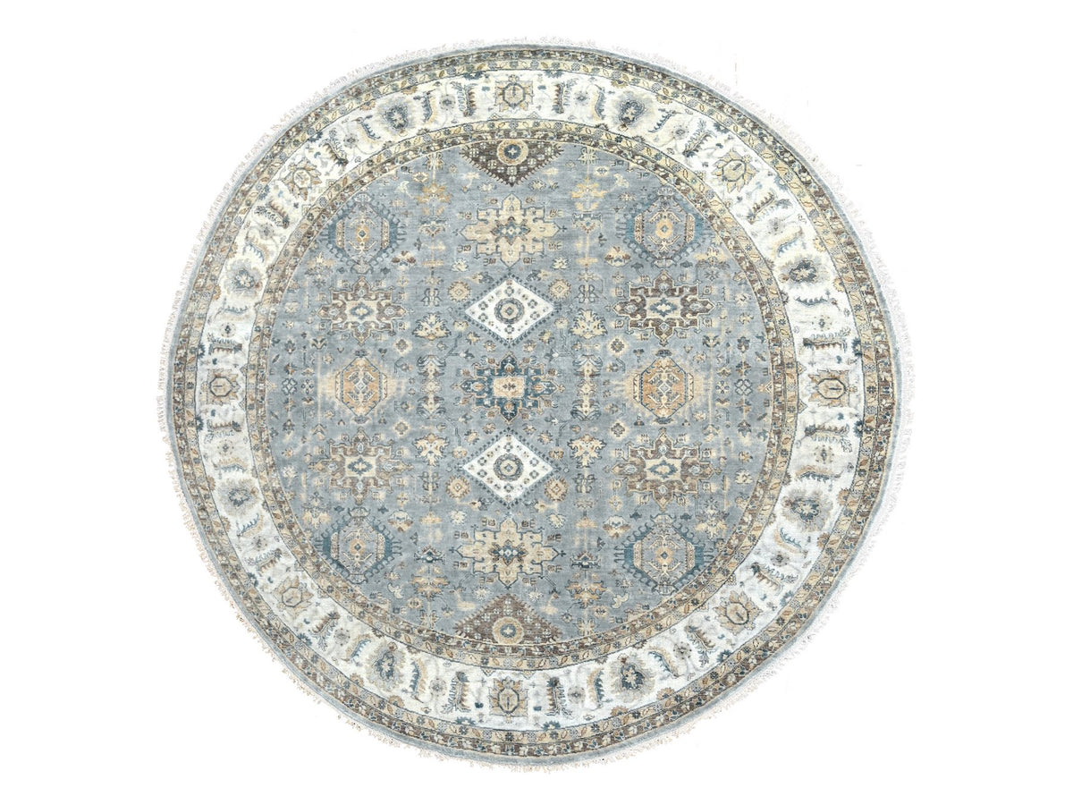 Heriz hand-knotted wool rug in Gray & Pearl White, 8'10" x 9' — SKU O084415