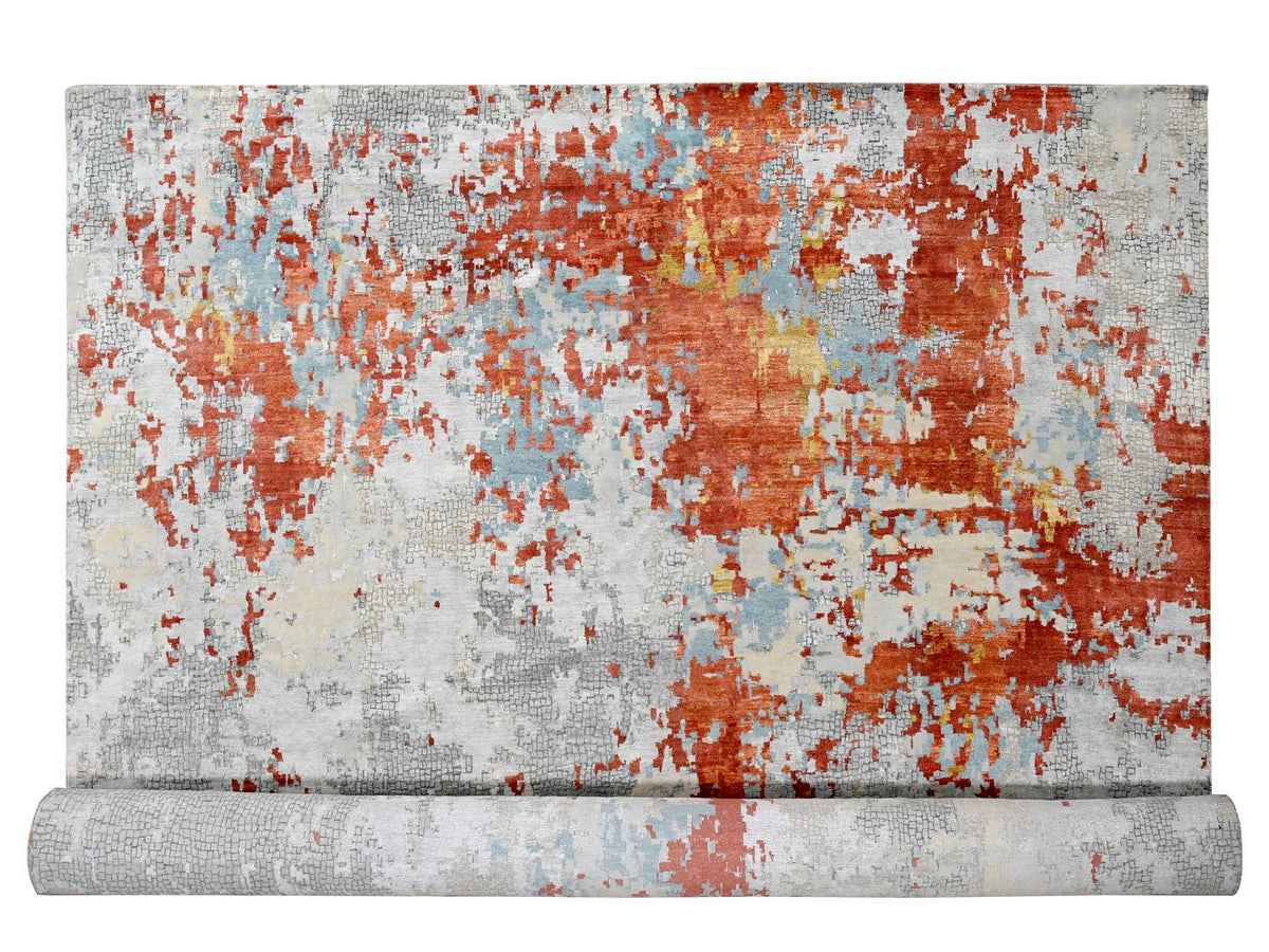 Modern / Contemporary hand-knotted wool/silk rug in Orange, 13'9" x 17'9" — SKU O084455