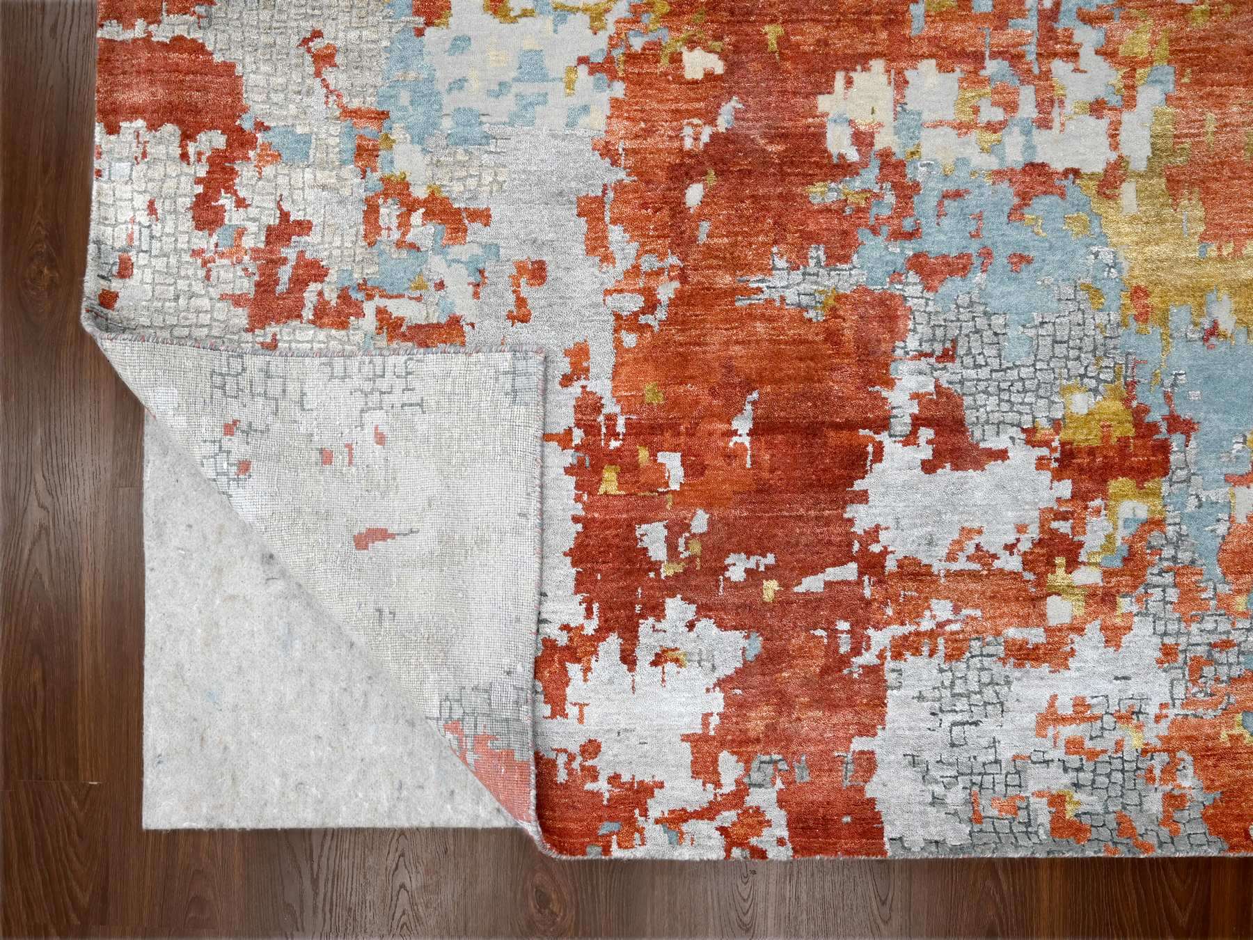 Modern / Contemporary hand-knotted wool/silk rug in Orange, 13'9" x 17'9" — SKU O084455 (view 4)