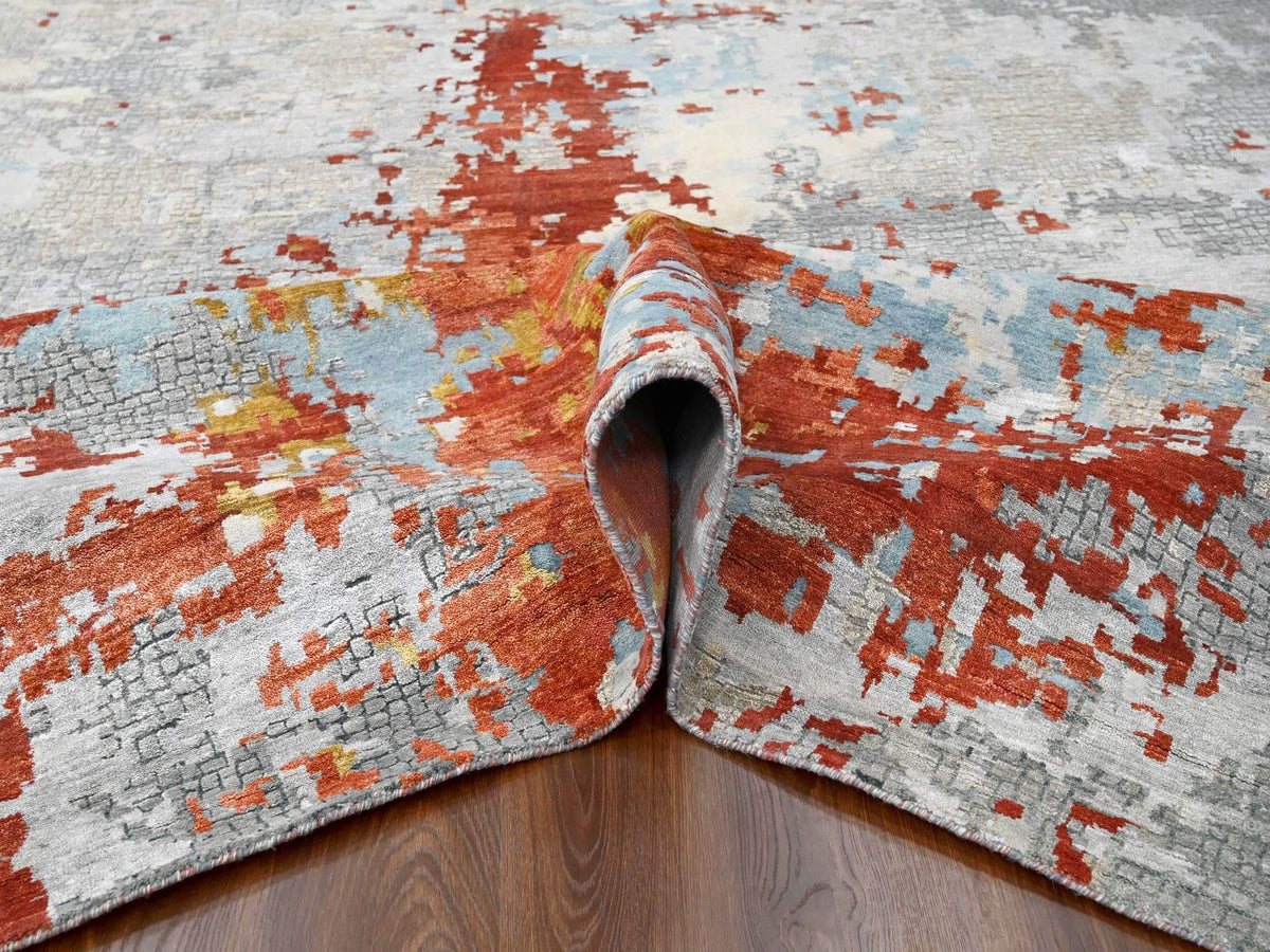 Modern / Contemporary hand-knotted wool/silk rug in Orange, 13'9" x 17'9" — SKU O084455 (view 5)