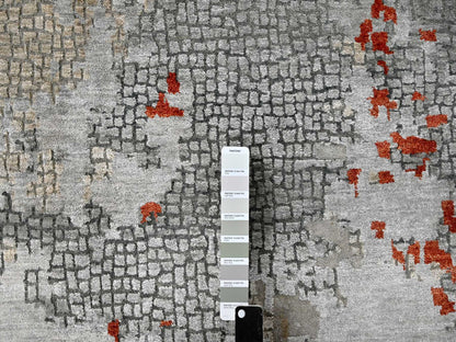 Modern / Contemporary hand-knotted wool/silk rug in Orange, 13'9" x 17'9" — SKU O084455 (view 7)