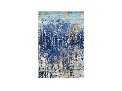Blue 4'0" x 5'11" Modern and Contemporary Hand knotted Wool/Silk Rug - Sku: O084515