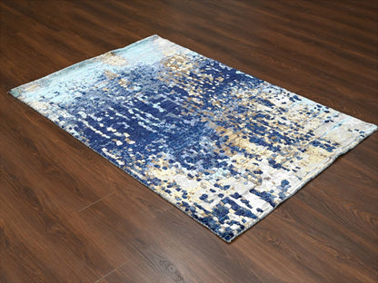 Blue 4'0" x 5'11" Modern and Contemporary Hand knotted Wool/Silk Rug - Sku: O084515