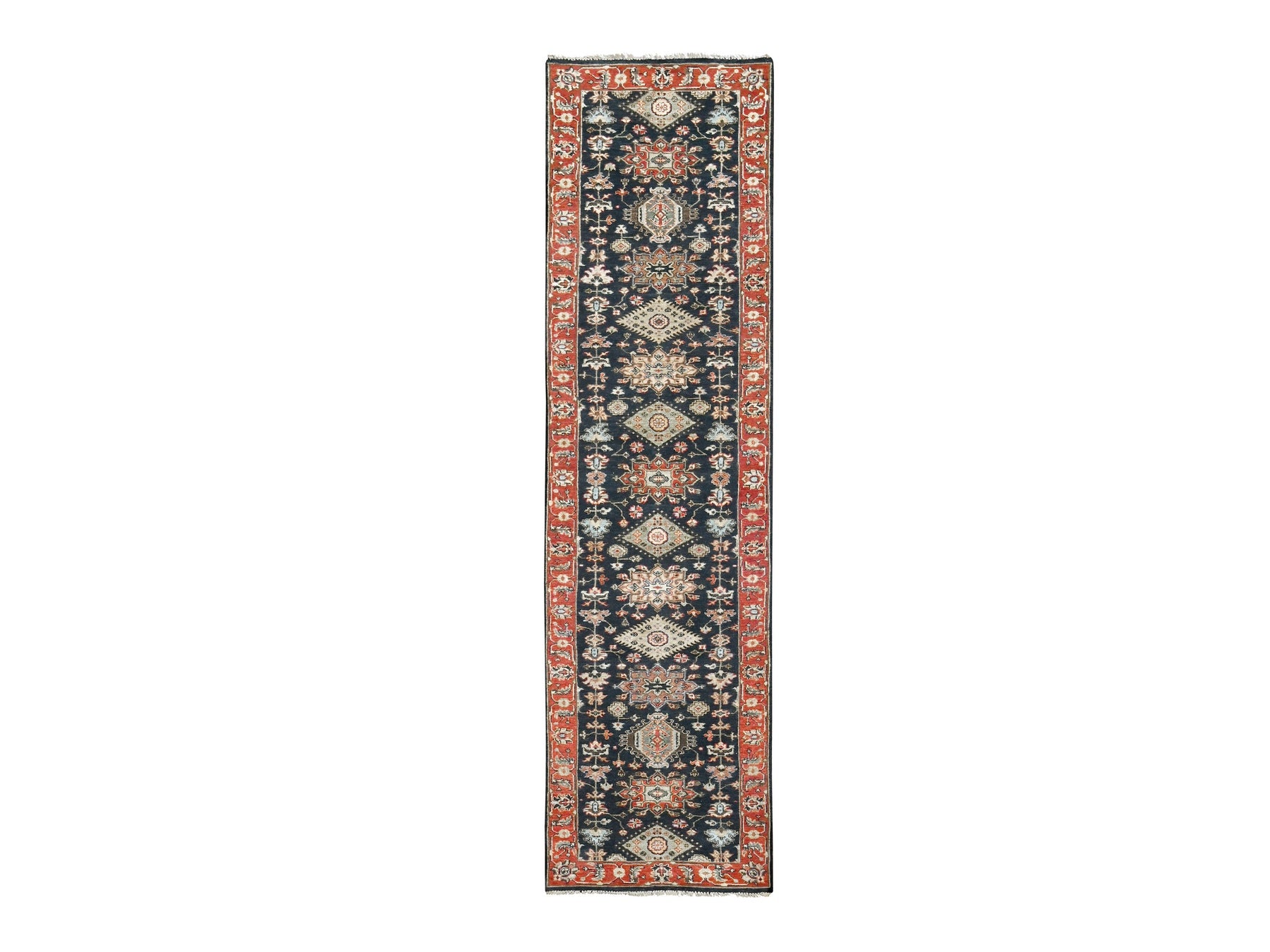 Tribal Heriz hand-knotted wool runner in Black & Prismatic Red, 2'9" x 11'10" — SKU O084522