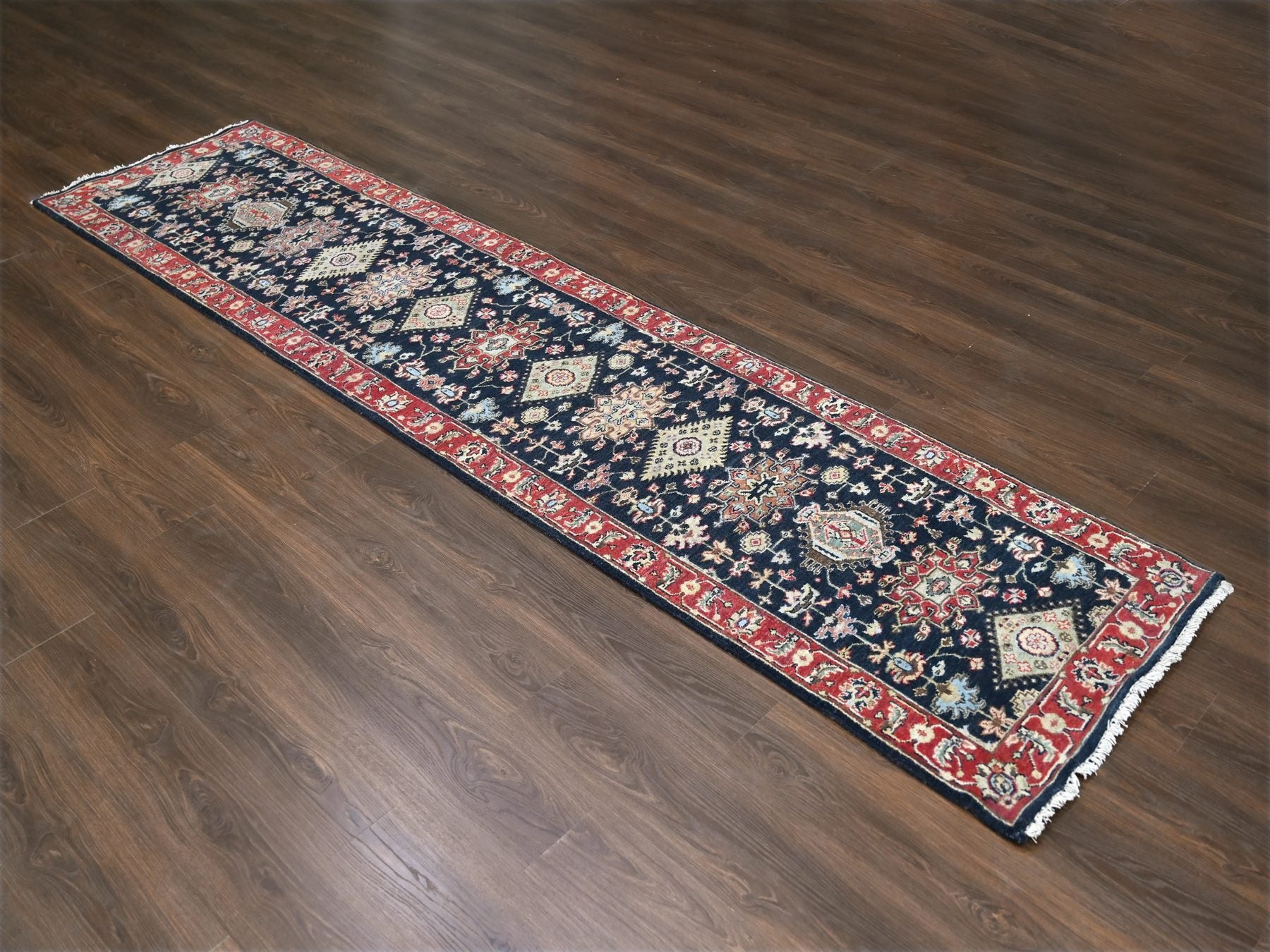 Tribal Heriz hand-knotted wool runner in Black & Prismatic Red, 2'9" x 11'10" — SKU O084522 (view 2)