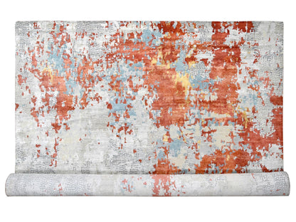 Orange 12'0" x 17'10" Modern / Contemporary Hand knotted Wool/Silk Rug - Sku: O084591