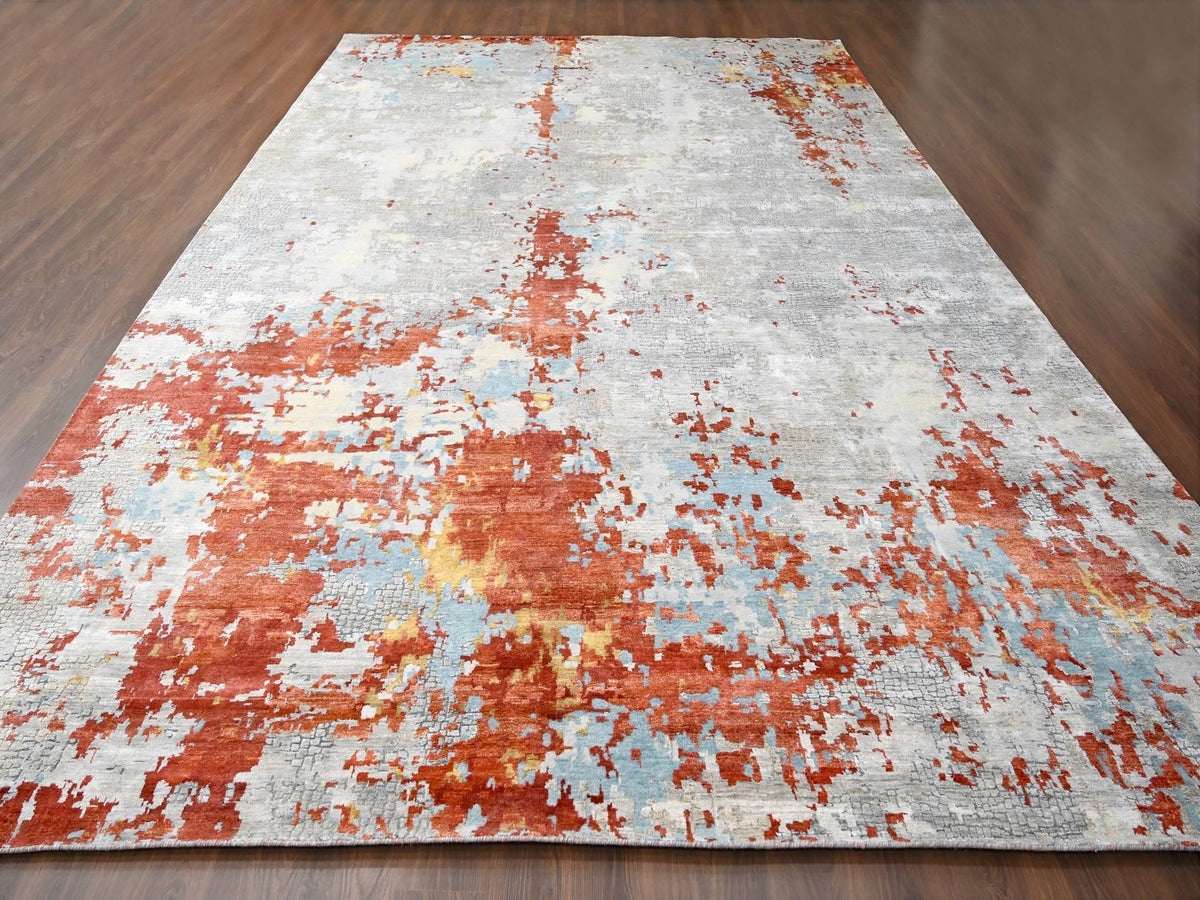 Modern / Contemporary hand-knotted wool/silk rug in Orange, 12' x 17'10" — SKU O084591 (view 2)