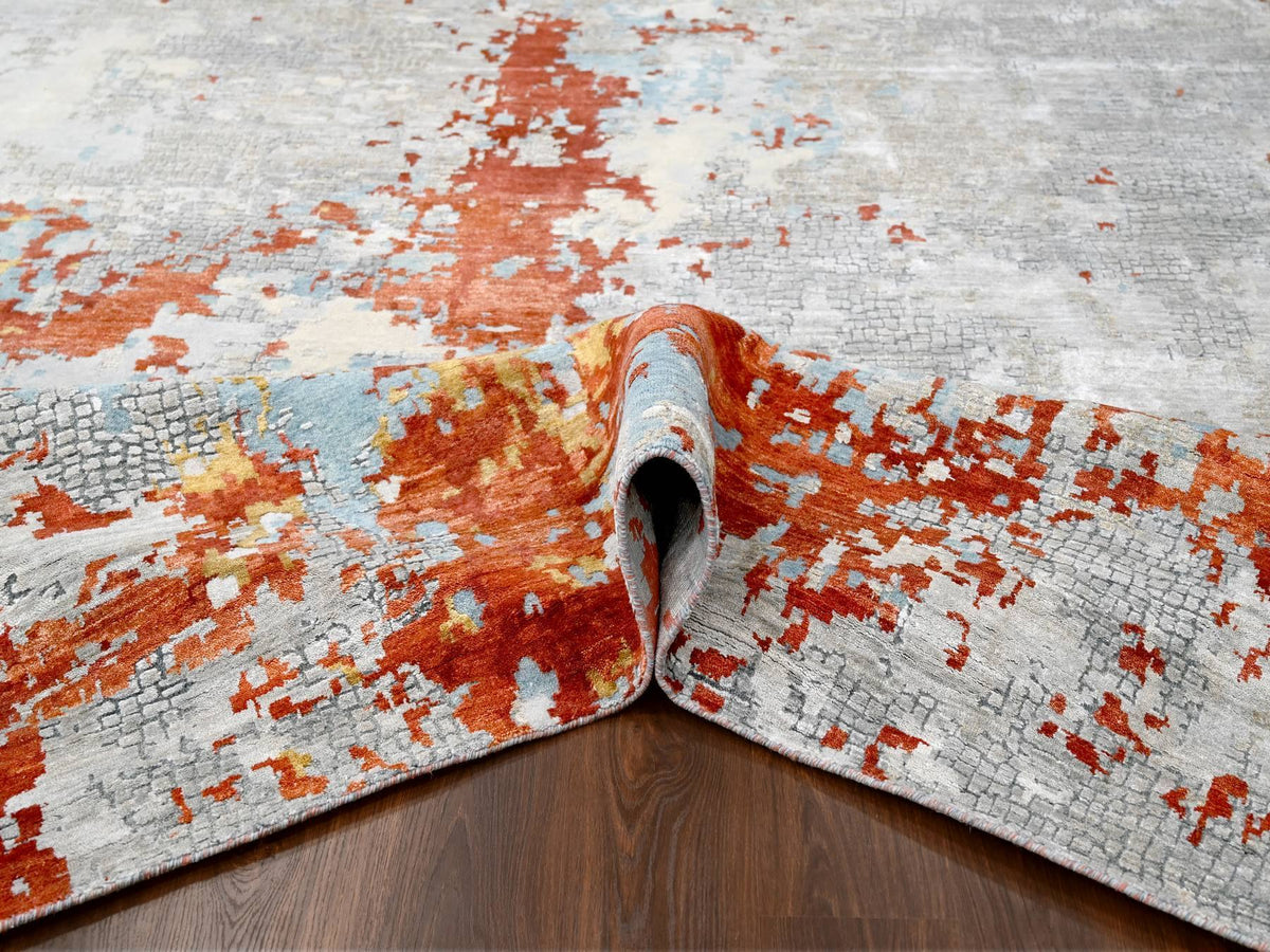 Modern / Contemporary hand-knotted wool/silk rug in Orange, 12' x 17'10" — SKU O084591 (view 5)
