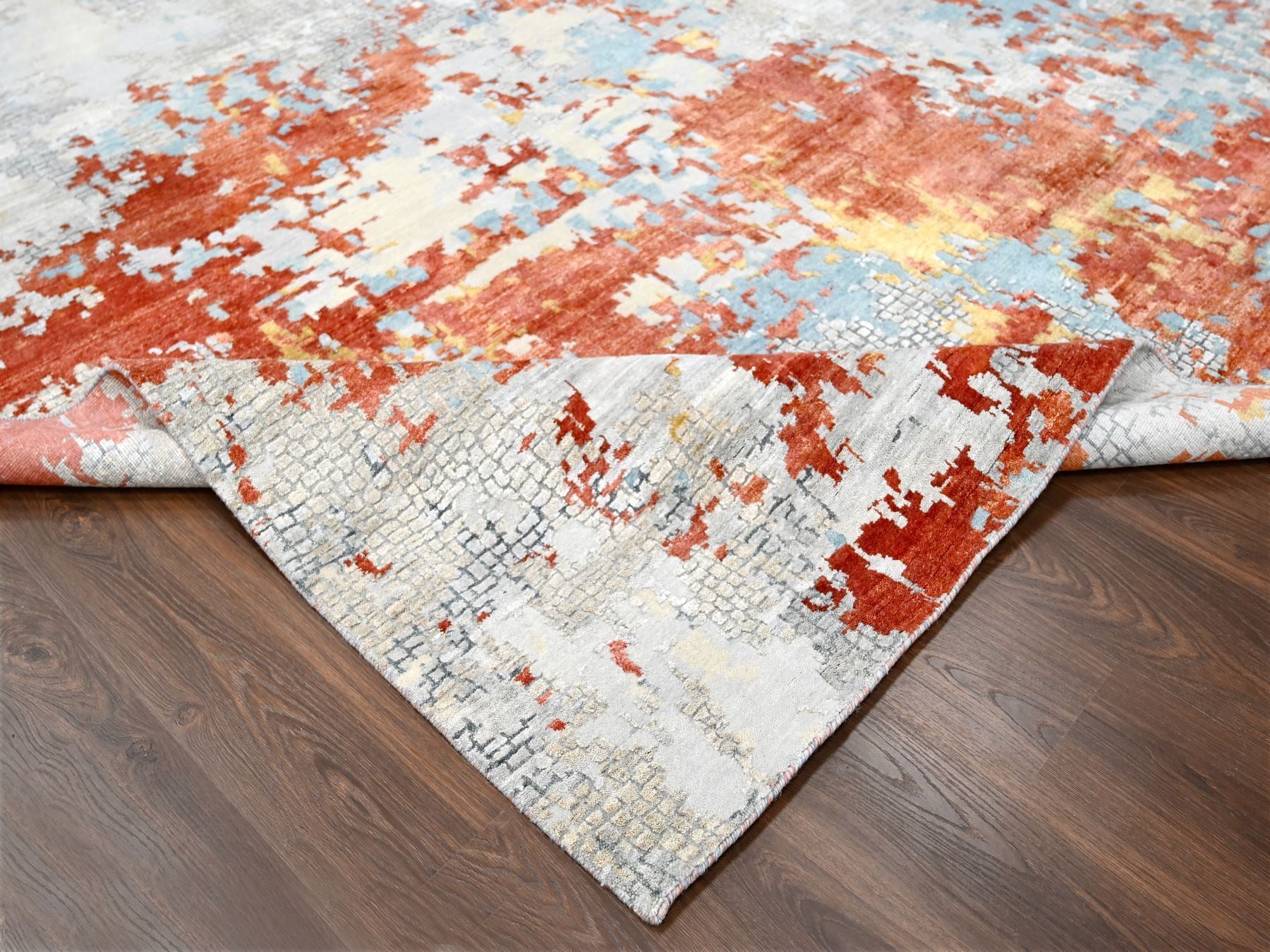 Modern / Contemporary hand-knotted wool/silk rug in Orange, 12' x 17'10" — SKU O084591 (view 6)