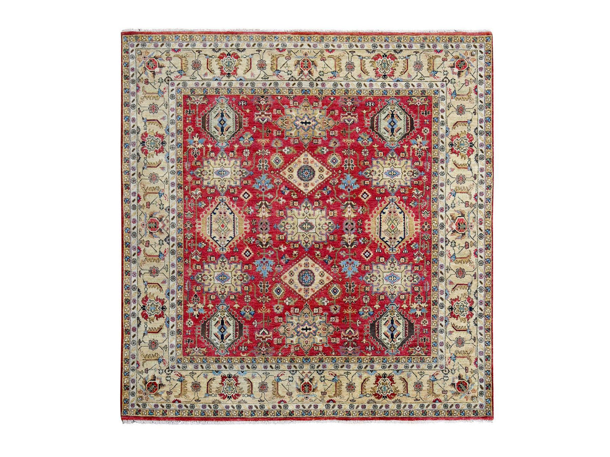 Heriz hand-knotted wool rug in Red & Buttery Brown, 8' x 8' — SKU O084593