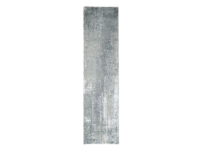 Grey 2'6" x 9'9" Modern and Contemporary Hand knotted Wool/Silk Rug - Sku: O084604