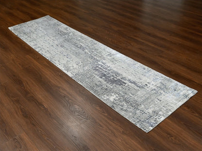 Grey 2'6" x 9'9" Modern and Contemporary Hand knotted Wool/Silk Rug - Sku: O084604