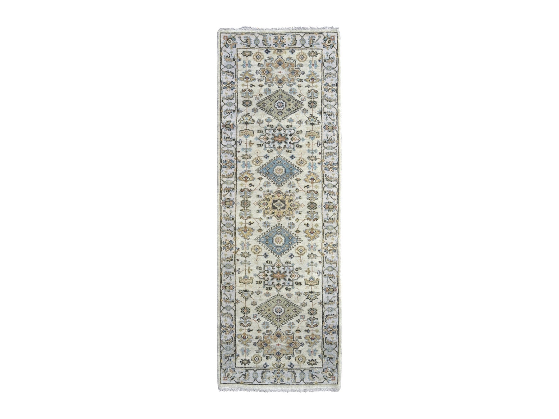 Tribal Heriz hand-knotted wool runner in Ivory & Silver Gray, 2'7" x 7'9" — SKU O084607