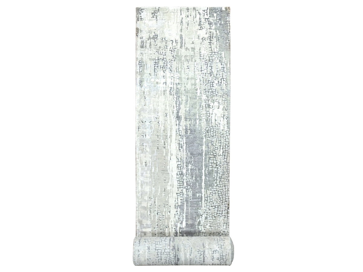 Modern / Contemporary hand-knotted wool/silk runner in Gray, 2'5" x 17'11" — SKU O084615