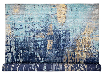 Blue 13'9" x 17'9" Modern and Contemporary Hand knotted Wool/Silk Rug - Sku: O084680