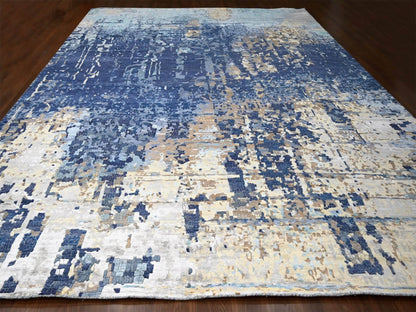 Blue 13'9" x 17'9" Modern and Contemporary Hand knotted Wool/Silk Rug - Sku: O084680