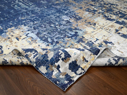 Blue 13'9" x 17'9" Modern and Contemporary Hand knotted Wool/Silk Rug - Sku: O084680