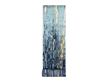 Blue 2'6" x 17'9" Modern and Contemporary Hand knotted Wool/Silk Rug - Sku: O084724