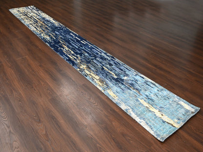 Blue 2'6" x 17'9" Modern and Contemporary Hand knotted Wool/Silk Rug - Sku: O084724