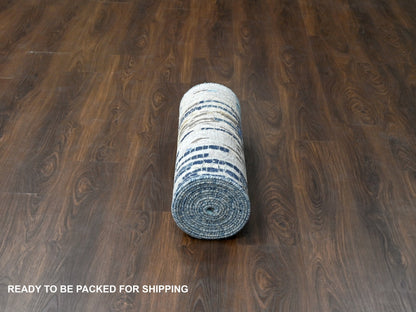 Blue 2'6" x 17'9" Modern and Contemporary Hand knotted Wool/Silk Rug - Sku: O084724