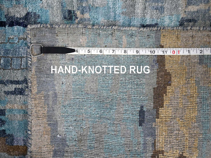 Blue 2'6" x 17'9" Modern and Contemporary Hand knotted Wool/Silk Rug - Sku: O084724