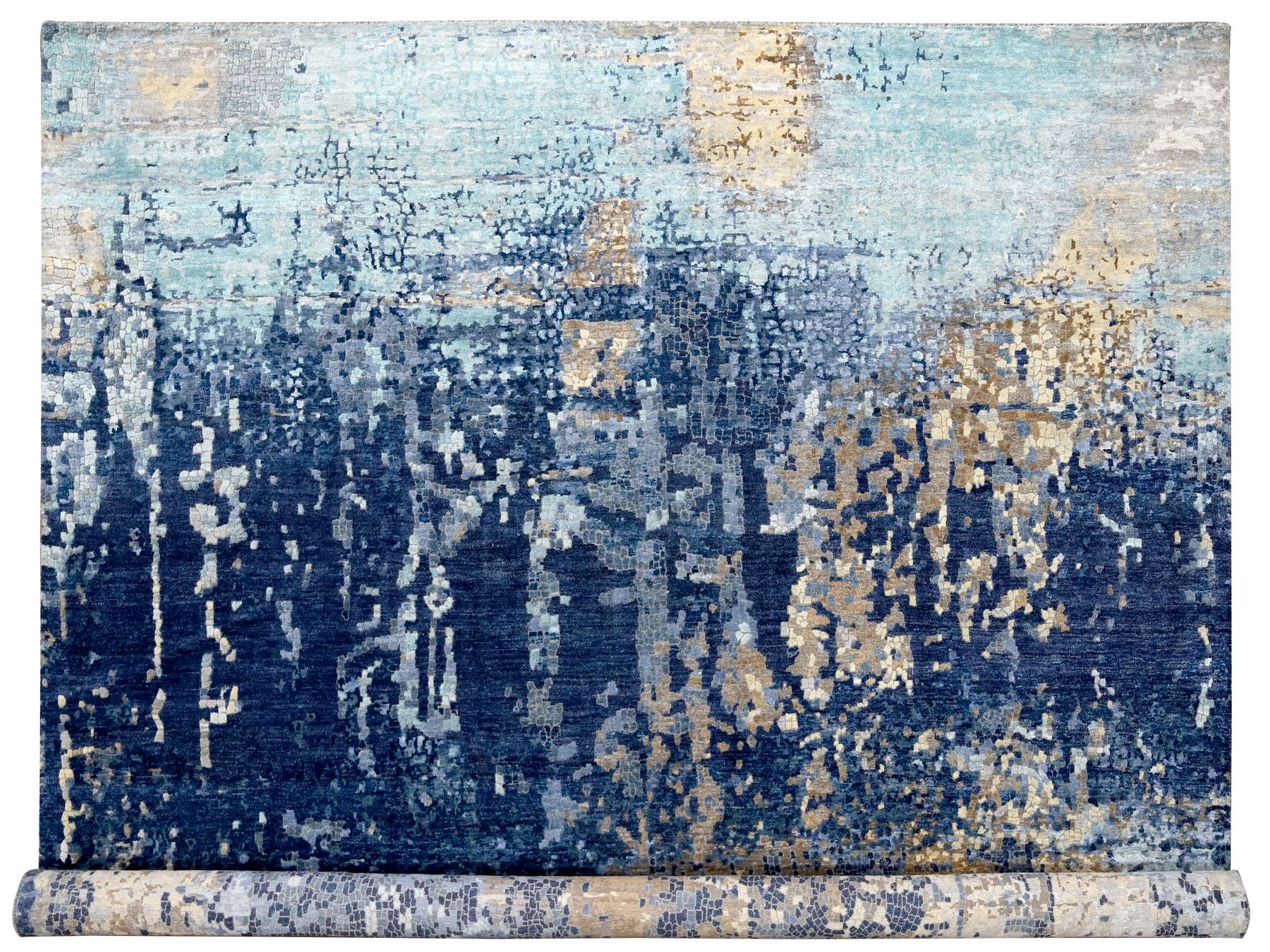 Modern / Contemporary hand-knotted wool/silk rug in Blue, 11'9" x 12' — SKU O084727