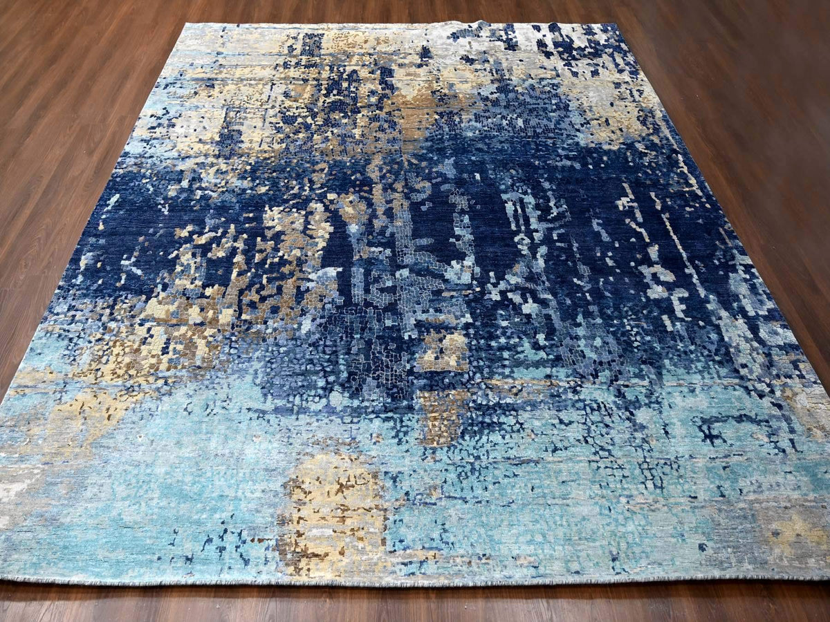 Modern / Contemporary hand-knotted wool/silk rug in Blue, 11'9" x 12' — SKU O084727 (view 2)