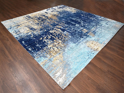 Blue 12'0" x 11'9" Modern and Contemporary Hand knotted Wool/Silk Rug - Sku: O084727