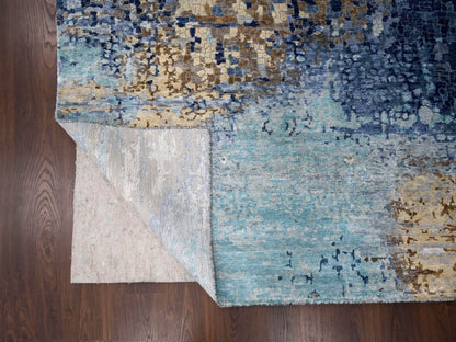 Blue 12'0" x 11'9" Modern and Contemporary Hand knotted Wool/Silk Rug - Sku: O084727