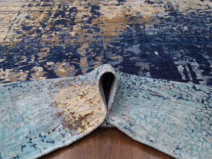 Blue 12'0" x 11'9" Modern and Contemporary Hand knotted Wool/Silk Rug - Sku: O084727