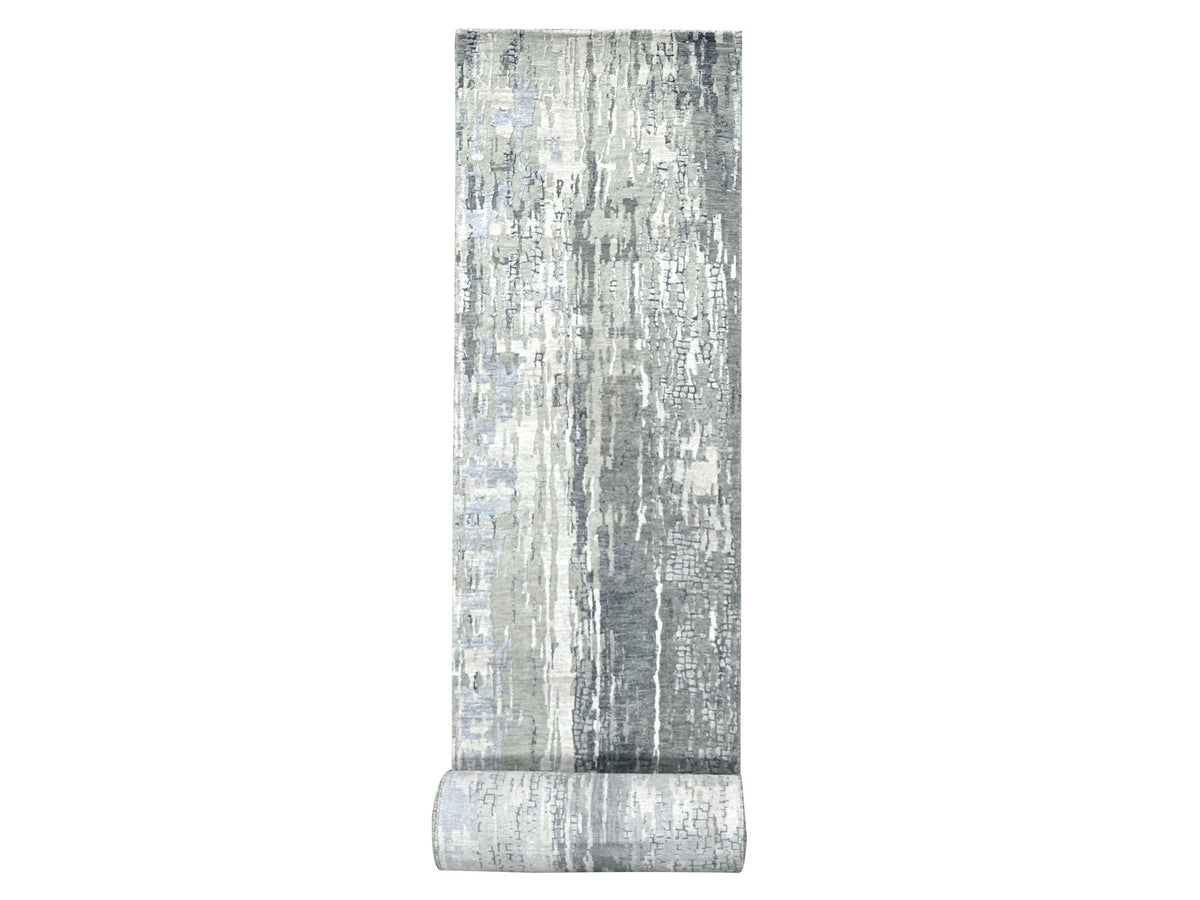Modern / Contemporary hand-knotted wool/silk runner in Gray, 2'9" x 23'8" — SKU O084728