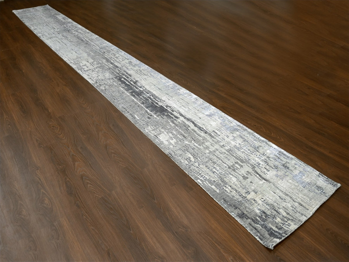 Modern / Contemporary hand-knotted wool/silk runner in Gray, 2'9" x 23'8" — SKU O084728 (view 2)